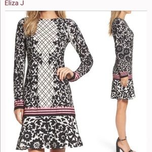 Eliza J Black floral pink stripe pattern long sleeves dress in size 4P